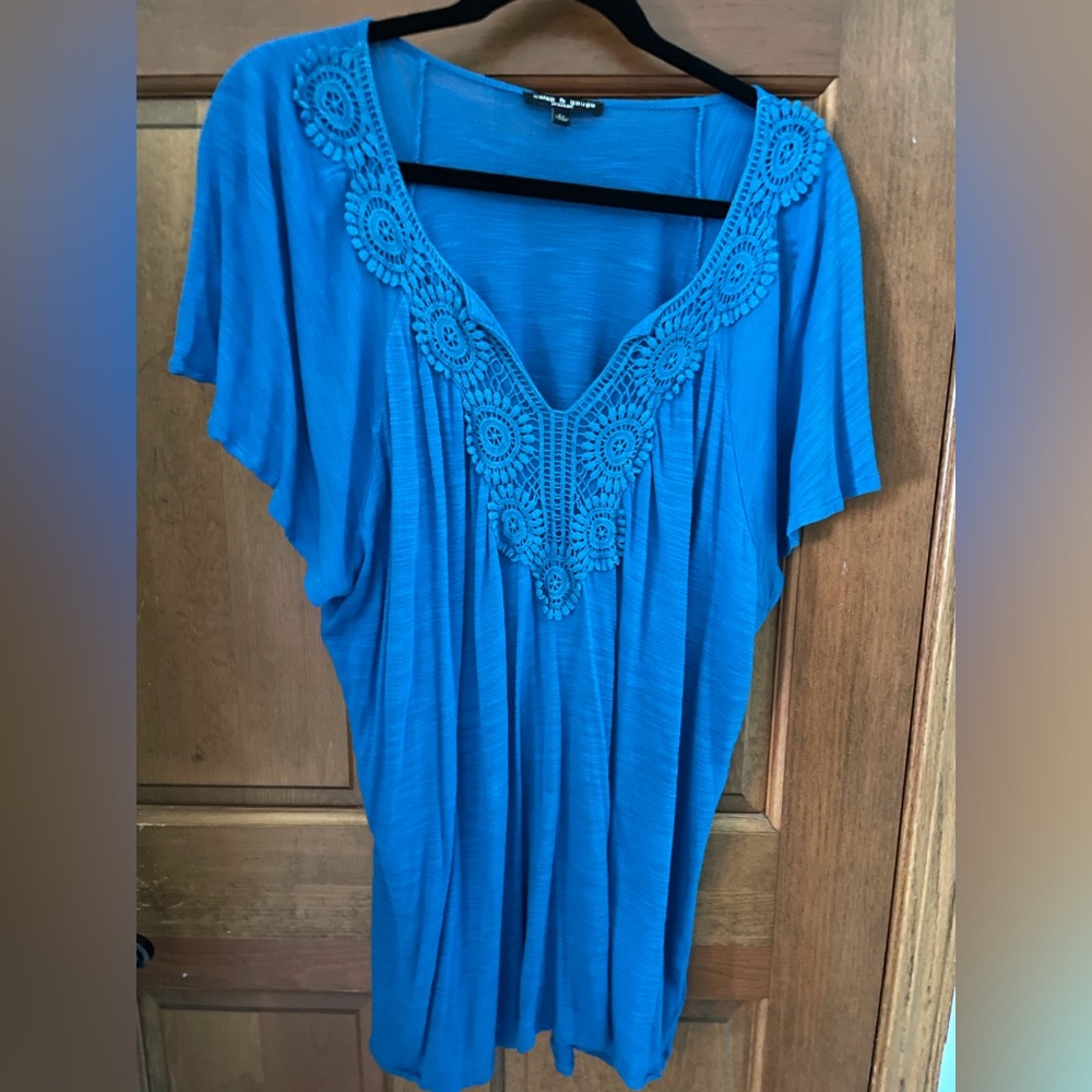 Cable & Gauge Bright Royal Blue V-Neck Tunic Top Embroidered Neckline